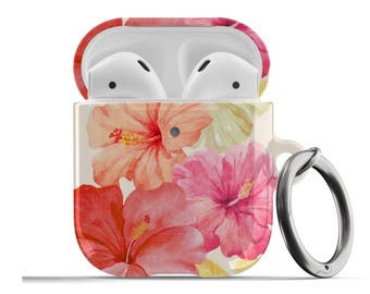 Hibiscus Floral AirPods Case Tropical Summer Pink Orange Cute For Airpods 1st 2nd Generation, Airpods Pro Protective Aesthetic Cover