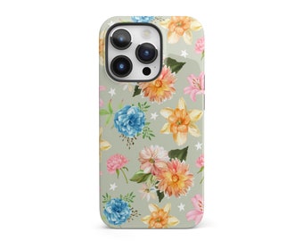 Green Colorful Flowers Phone Case Floral Vintage Stars Cute Aesthetic Protective For iPhone 15 Plus 14 Pro Max 12 13 Mini 11 Pro Galaxy S24