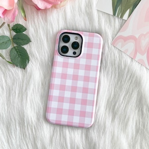Rosa Gingham Telefon Fall Preppy für iPhone 16 15 Plus 14 Pro Max 12 13 Mini 11 Pro Galaxy S24 S23 schützende niedliche ästhetische Cottagecore-Abdeckung