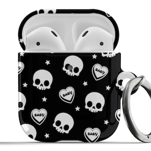 Halloween Skulls AirPods Case Skeleton Gothic Stars Hearts Black Cute Trendy For Airpods 1st 2nd Generation, Airpods Pro