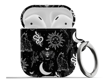 Celestial Witchy AirPods Case Moon Stars Astrology Black Trendy Cute Aesthetic Protective Cover For Airpods 1st 2nd Generation, Airpods Pro