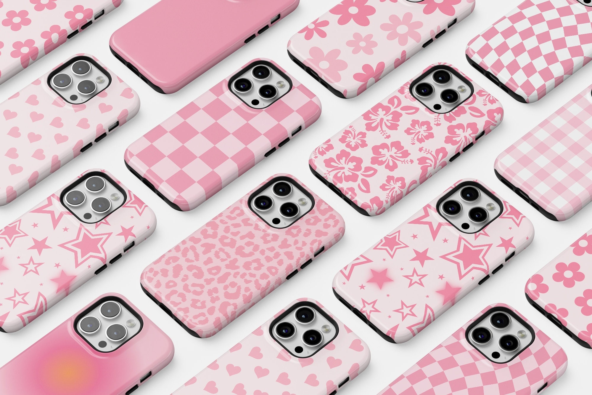 Pink Phone Cases Protective For iPhone 16 15 Plus 14 Pro Max 12 13 Mini 11 Galaxy S25 Cute Preppy Trendy Floral Check Stars Aesthetic Cover