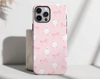 Funda para teléfono con lazos de fantasmas de Halloween, coqueta, femenina, espeluznante, rosa, linda y moderna para iPhone 17 16e 15 Plus 14 Pro Max 12 13 Mini Galaxy S24 MagSafe
