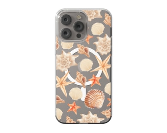 MagSafe Seashell Clear Phone Case Coastal Beach Orange Summer Starfish For iPhone 15 Plus 14 Pro Max 12 13 Mini Trendy Cover MagSafe Magnet