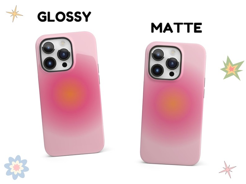 K&ouml;nnte beinhalten: Zwei iPhone-H&uuml;llen, eine gl&auml;nzend und eine matt, beide mit einem Farbverlauf von Pink zu Wei&szlig; und einem kreisf&ouml;rmigen orangen Design. Der Text "GLOSSY" und "MATTE" befindet sich &uuml;ber den H&uuml;llen.
