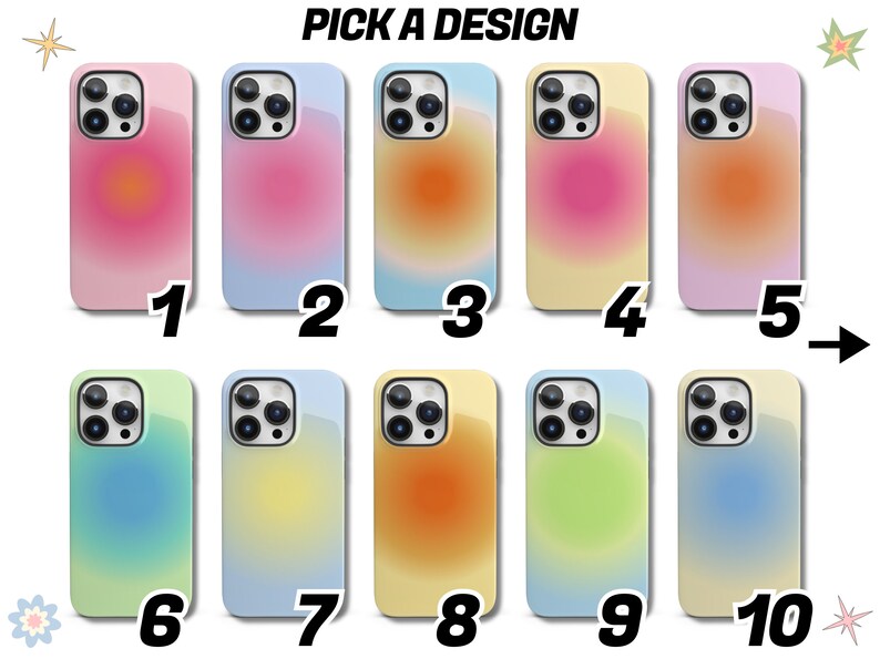 K&ouml;nnte beinhalten: Zehn verschiedene iPhone-H&uuml;llen-Designs mit einem Farbverlauf. Die H&uuml;llen sind von 1 bis 10 nummeriert. Die Designs umfassen rosa, blaue, gelbe und gr&uuml;ne Farbverl&auml;ufe.