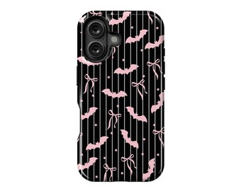 Pink Bats Halloween Bows Phone Case Coquette Black Spooky Striped Cute Trendy For iPhone 16 15 Plus 14 Pro Max 12 13 11 Galaxy S24 MagSafe
