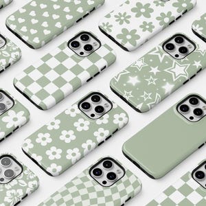 Sage Green Phone Cases Protective For iPhone 16 15 Plus 14 Pro Max 12 13 Mini 11 Pro Galaxy S25 Cute Preppy Trendy Floral Aesthetic Cover