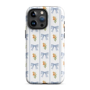 Blue Bow Phone Case For iPhone 15 Plus 14 Pro Max 12 13 Mini 11 Pro Galaxy S24 S23 S22 Coquette Cottagecore Vintage Floral Cute Preppy Cover