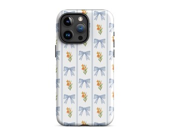 Blue Bow Phone Case For iPhone 15 Plus 14 Pro Max 12 13 Mini 11 Pro Galaxy S24 S23 S22 Coquette Cottagecore Vintage Floral Cute Preppy Cover