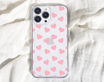 Pink Hearts Clear Phone Case Cute Preppy Aesthetic Trendy For iPhone 15 Plus 14 Pro Max 12 13 Mini 11 XR X SE Galaxy S24 Cover