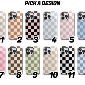 May include: Twelve different phone case designs featuring a checkered pattern in various colours, including black, white, pink, blue, brown, and beige. The cases are numbered 1 through 12.
