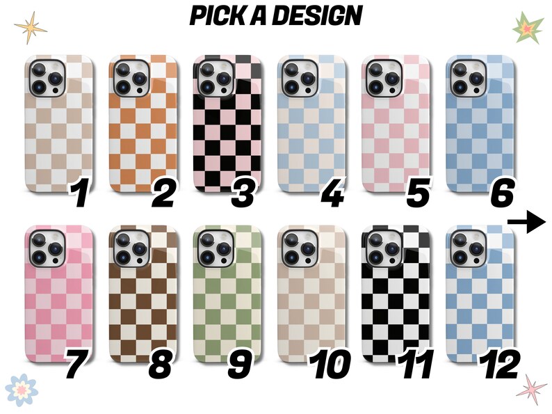May include: Twelve different phone case designs featuring a checkered pattern in various colours, including black, white, pink, blue, brown, and beige. The cases are numbered 1 through 12.