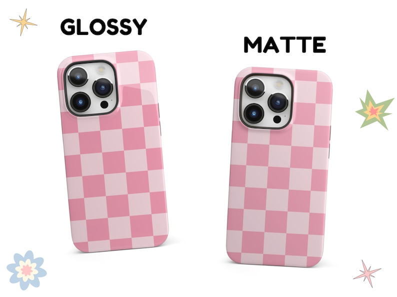 May include: Two iPhone cases with a pink and white checkered pattern. The case on the left is glossy and the case on the right is matte.