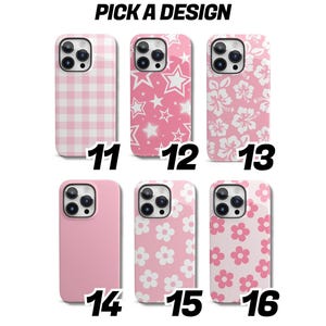 May include: Six pink iPhone cases with different designs. The designs include gingham, stars, hibiscus flowers, solid pink, and two different floral patterns. The cases are numbered 11 through 16.