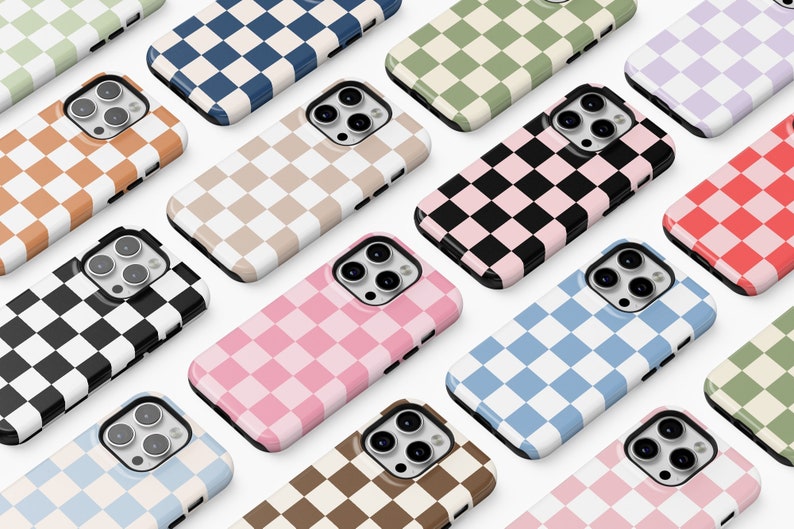 May include: A collection of phone cases featuring a checkered pattern in a variety of colours, including black, white, pink, blue, green and orange.