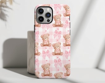 Teddy Bear Coquette Bows Phone Case Pink Ribbon Aesthetic Girly Cute Protective For iPhone 16 15 Plus 14 Pro Max 12 13 Mini 11 Galaxy S24