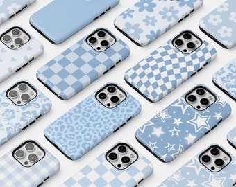 Fundas de teléfono azules protectoras para iPhone 16 15 Plus 14 Pro Max 12 13 Mini 11 Galaxy S24 Linda cubierta estética de estrellas con cuadros florales de moda preppy