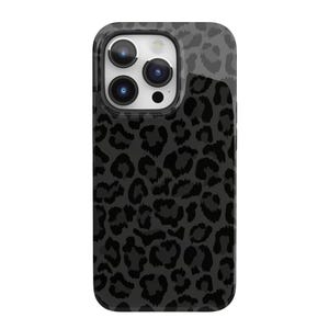 May include: A black and grey leopard print phone case. The case has a glossy finish and a rounded shape. The camera lenses are visible at the top. The leopard print pattern covers the entire back of the case.