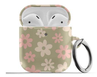 May include: A green and pink floral patterned case for AirPods with a metal ring attached for carrying.