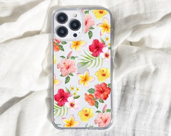 Hibiscus Clear Phone Case Hawaii Summer Tropical Yellow Floral For iPhone 15 Plus 14 Pro Max 12 13 Mini 11 XR X SE Galaxy S24 Trendy Cover