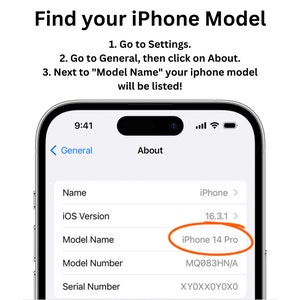 May include: A screenshot of an iPhone's settings menu showing the "About" section. The "Model Name" is "iPhone 14 Pro" and the "Model Number" is "MQ083HN/A".