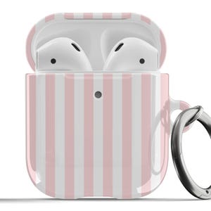 May include: A white Airpods case with a pink and white striped design and a silver ring attached to the side.
