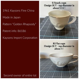 Może przedstawiać: Zestaw 22 vintage filiżanek do herbaty i spodków w wzorze "Golden Rhapsody" firmy Kaysons Fine China. Wyprodukowany w Japonii, zestaw zawiera 6 filiżanek do przekąsek o średnicy 8,3 cm i 16 płaskich filiżanek o średnicy 10,2 cm. Filiżanki zdobi delikatny wzór kwiatowy w odcieniach szarości i bieli na kremowym tle.