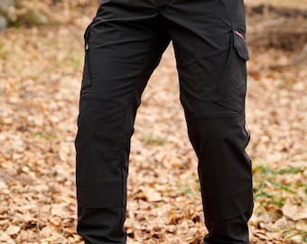 Pantalones cargo de senderismo ripstop negros hechos a medida: Sokil Profi, rodillas reforzadas