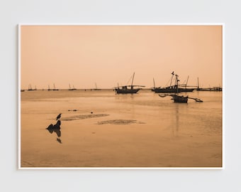 Sepia Fishing Boats At Low Tide, Zanzibar Beach, Coastal Photography, Africa print, Tropical Wall Decor, Ocean Wall Decor, Satin Poster