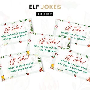 Op de afbeelding: Vijf groene en witte kaarten met een rode rand en bloemmotieven. Elke kaart heeft de tekst "Elf Joke!" en een kerstgrap. De grappen zijn: "Waarom zien Santas helpers er altijd zo somber uit?", "Wat leer je als eerste op school?", "Waarom gleed de elf op de open haard?", "Wat gebruiken elven om te bellen?", en "Wat krijg je als je een sneeuwpop en een vampier kruist?"