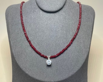 Stunning delicate ruby beaded necklace with 1.05 carat cultured round cut white sapphire