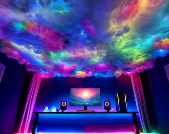 Thunder Smart LED-taklampa med molnfunktion - Ljudaktiverad - RGB IC Regnbågsbelysning - Bluetooth-app och fjärrkontroll - Brandsäker hålfiber