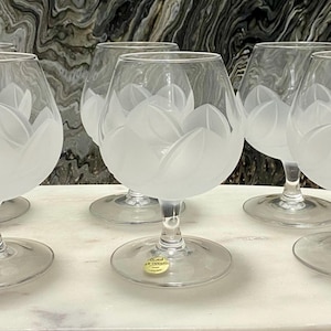 May include: Set of six clear brandy snifters with frosted leaf design. The glasses have a rounded bowl, a stem, and a circular base. The frosted design is on the lower half of the bowl. The glasses are on a white surface.