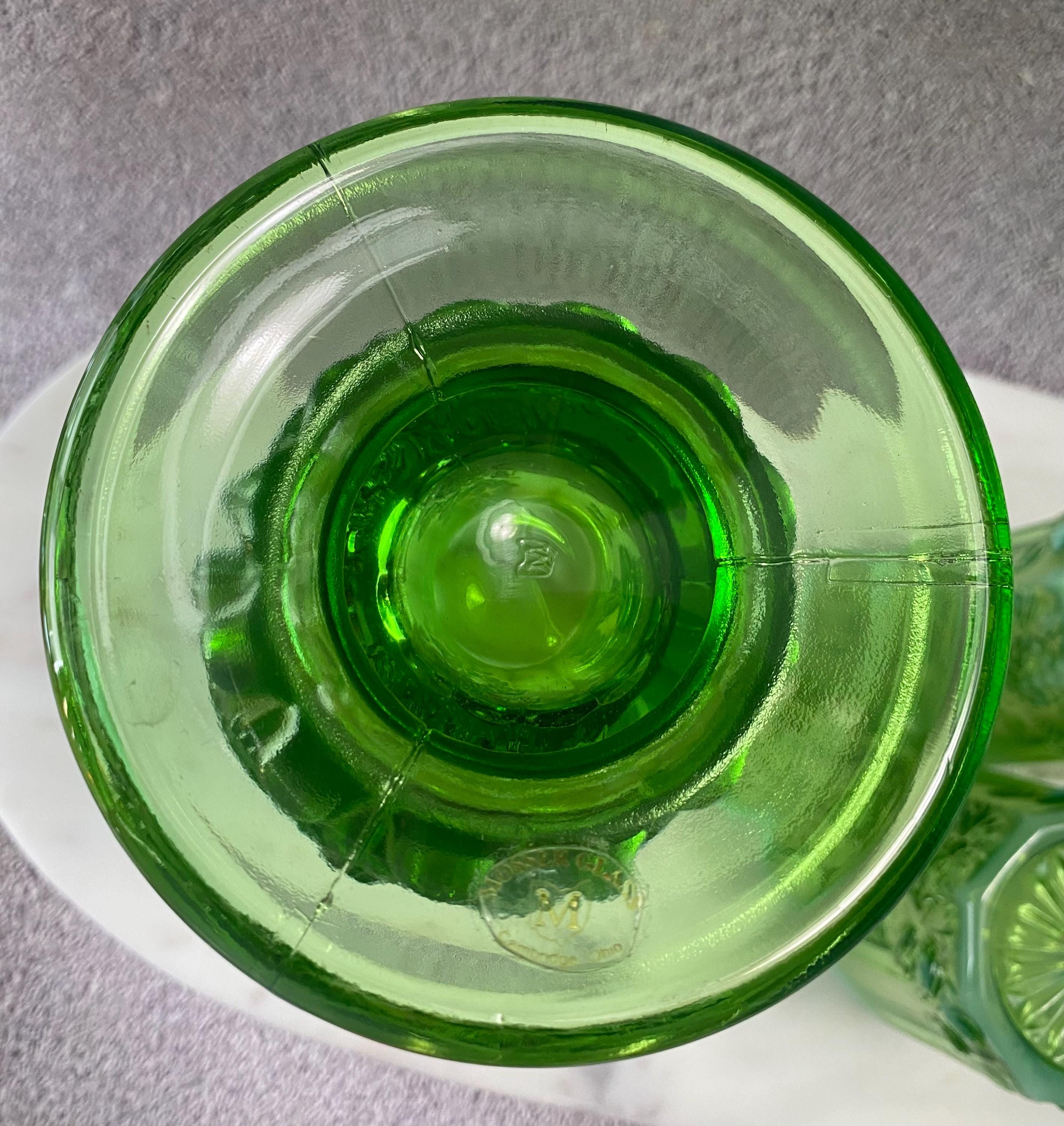 Vintage Mosser Glass Cherry Cable Green Opalescent Pitcher and 4