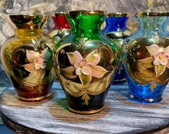 vintage Vecchia italian glass vases. hand paitrd with initials V.M..Vibrant colors with gold gilt