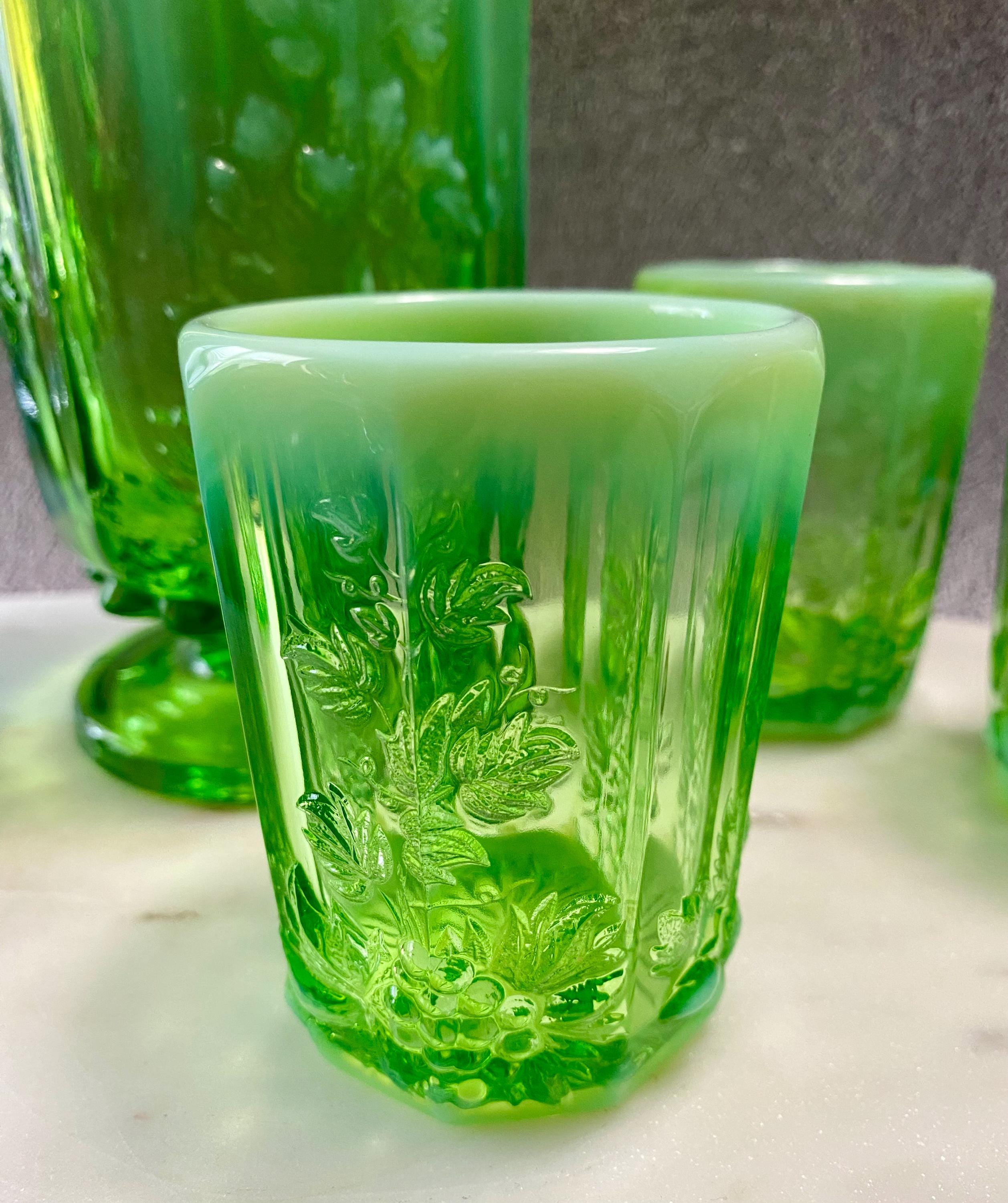 Vintage Mosser Glass Cherry Cable Green Opalescent Pitcher and 4