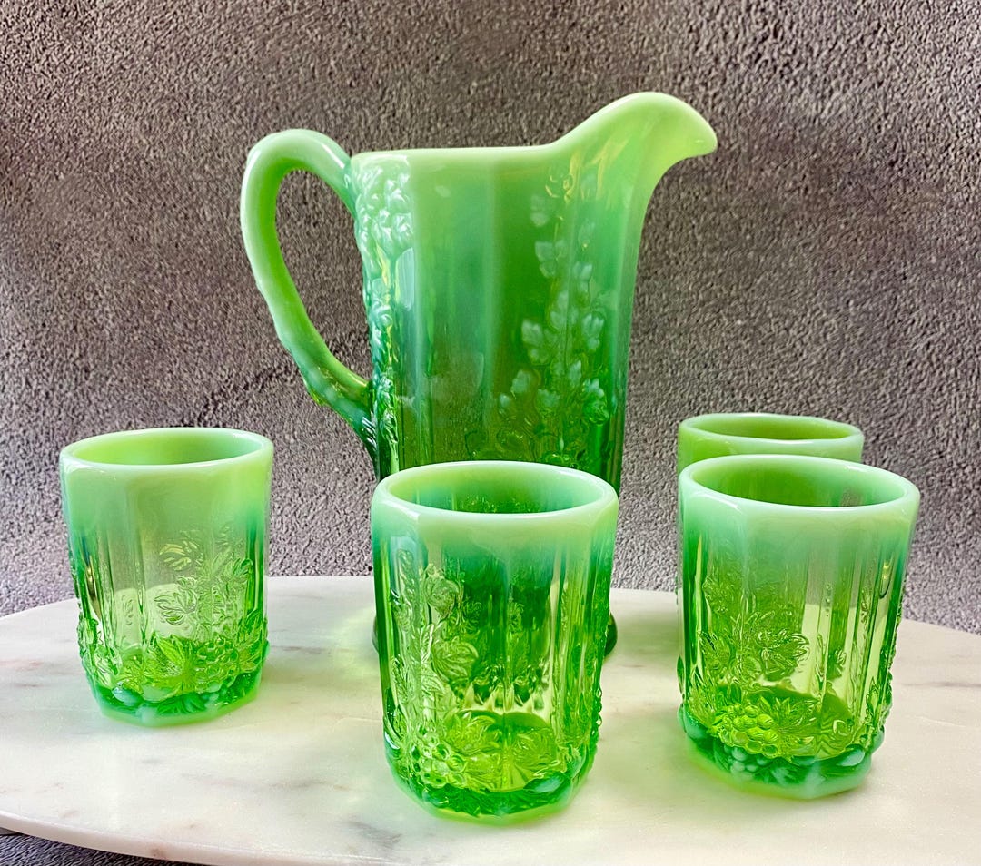 Vintage Mosser Glass Cherry Cable Green Opalescent Pitcher and 4