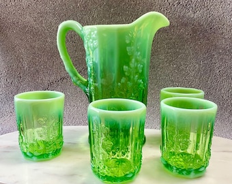 Mosser Glass Opalescent Green Cherry Thumbprint Pitcher and 6