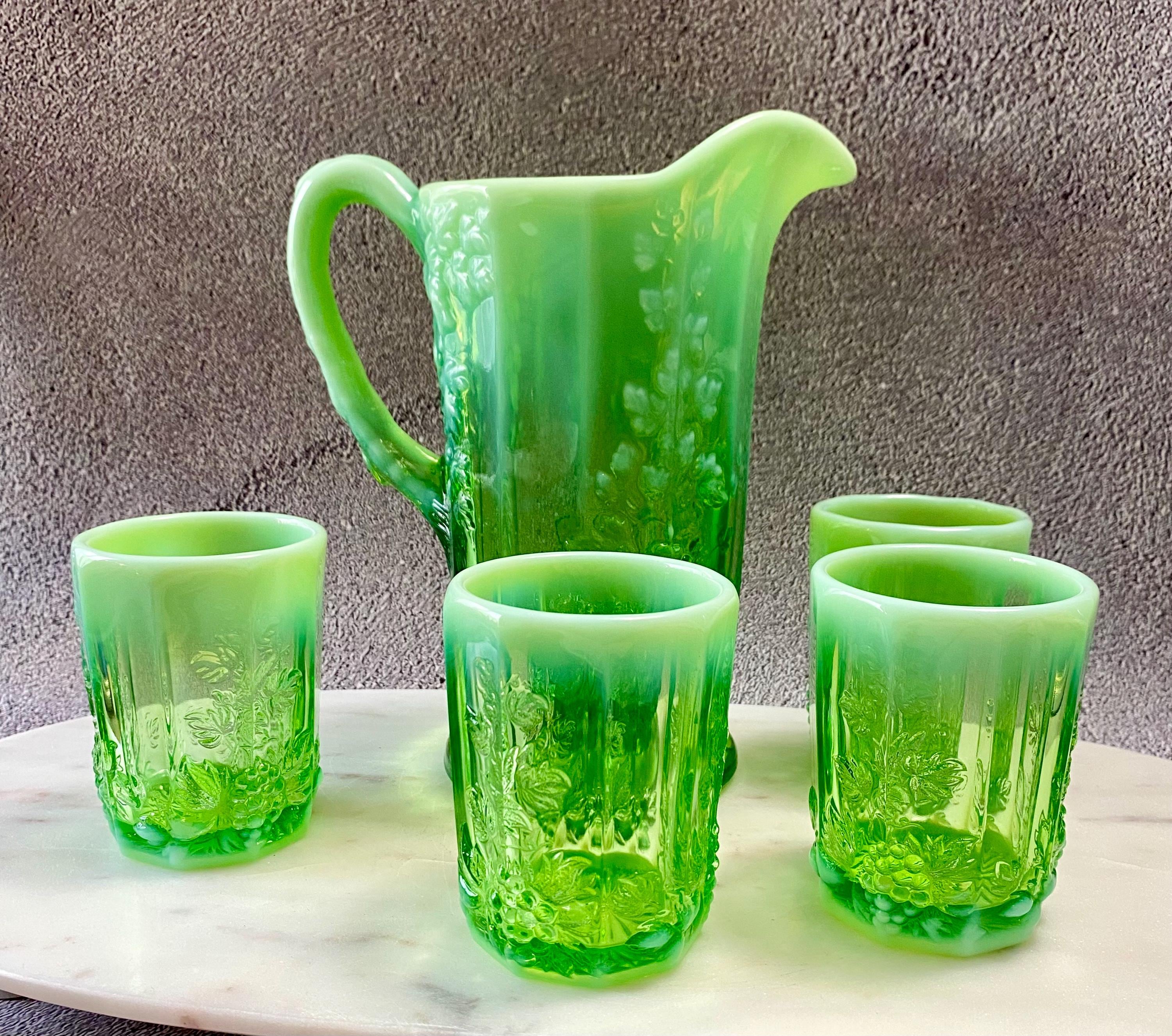 Vintage Mosser Glass Cherry Cable Green Opalescent Pitcher and 4