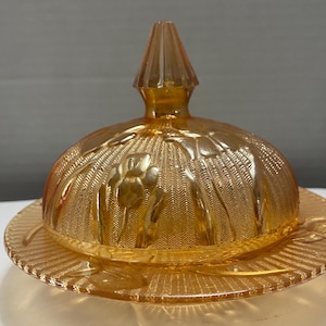 vintage Jeannette glass iridescent iris and herringbone covered covered butter, cheese dish