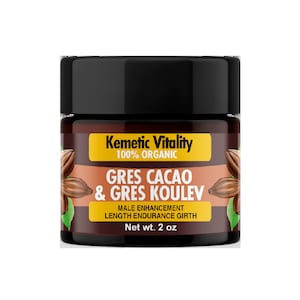 May include: A small jar with a black lid and a brown label. The label reads "Kemetic Vitality 100% Organic Gres Cacao & Gres Koulev Male Enhancement Length Endurance Girth Net wt. 2 oz".