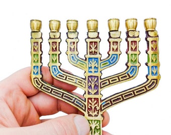 Vintage Brass Menorah with Colorful Enamel 7-Branch Jerusalem Holy Land Souvenir Jewish Religious Gift for Hanukkah Home Blessing Gift