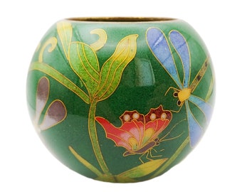 Vintage Cloisonné Vase Votive Candle Holder William Bill Yee Floral Design Enamel Butterfly Dragonfly Design