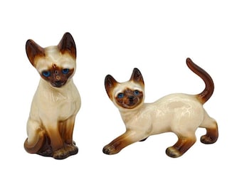 ヴィンテージシャム猫の置物 - 母猫と子猫の陶器彫刻 - ミッド