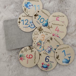 Peut inclure: Ensemble de disques en bois pour marquer les étapes mensuelles, avec des illustrations de créatures marines. Chaque disque porte un numéro de 1 à 12, ainsi que la phrase "Aujourd'hui j'ai" et le mot "mois". Un sac en tissu gris est inclus.