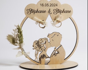 Porte alliances de mariage en bois personnalisable coeurs, coussin alliances fleurs séchées, présentation alliances , cérémonie de mariage