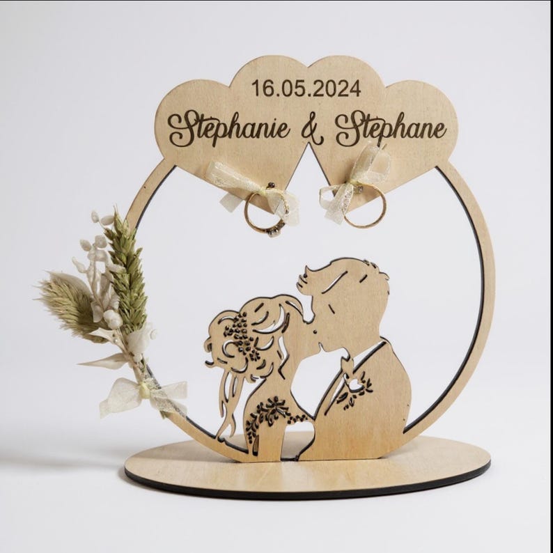 Customizable wooden wedding ring pillow with hearts, dried flower ring cushion, ring presentation, wedding ceremony image 1