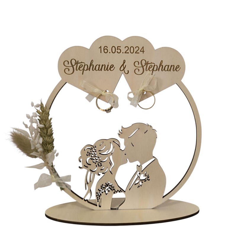 Customizable wooden wedding ring pillow with hearts, dried flower ring cushion, ring presentation, wedding ceremony image 3