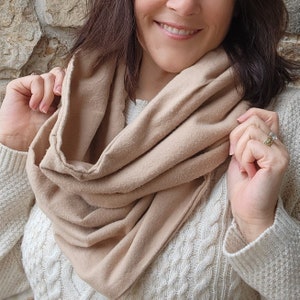 Flannel Infinity Scarf with Zipper Pocket, Cozy Winter Infinity Scarf, Camel Brown Scarf, Cotton Flannel Hidden Pocket Scarf